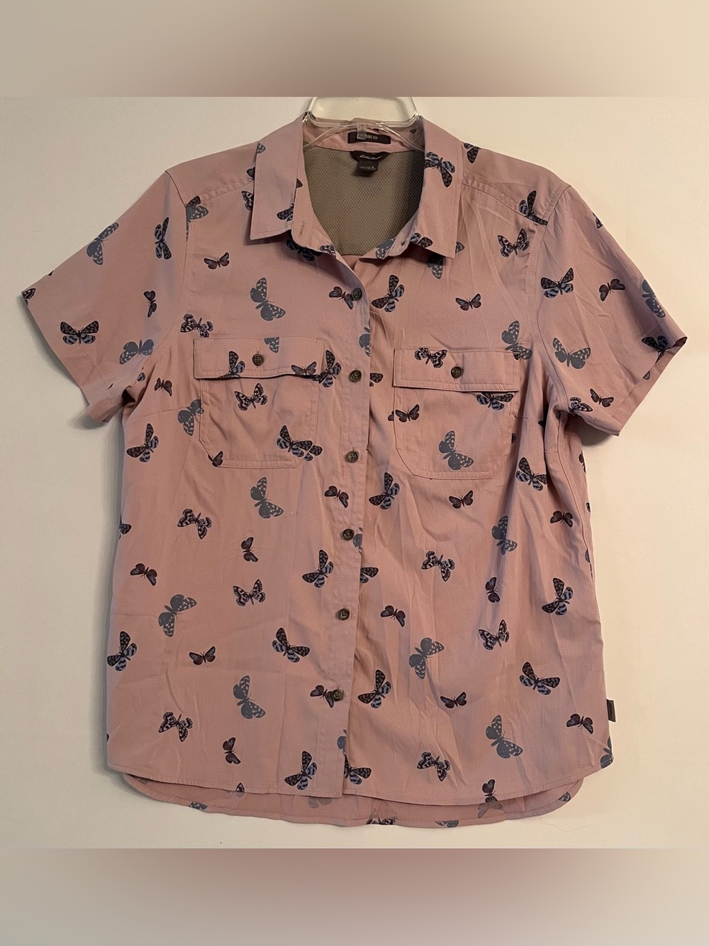 Eddie Bauer Butterfly Print Short Sleeve Button Down Top Size L